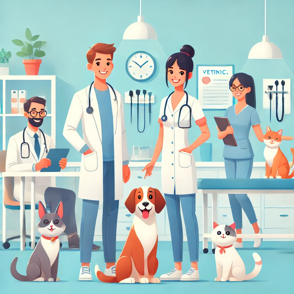 Happy dogs and cats in a veterinary clinic
